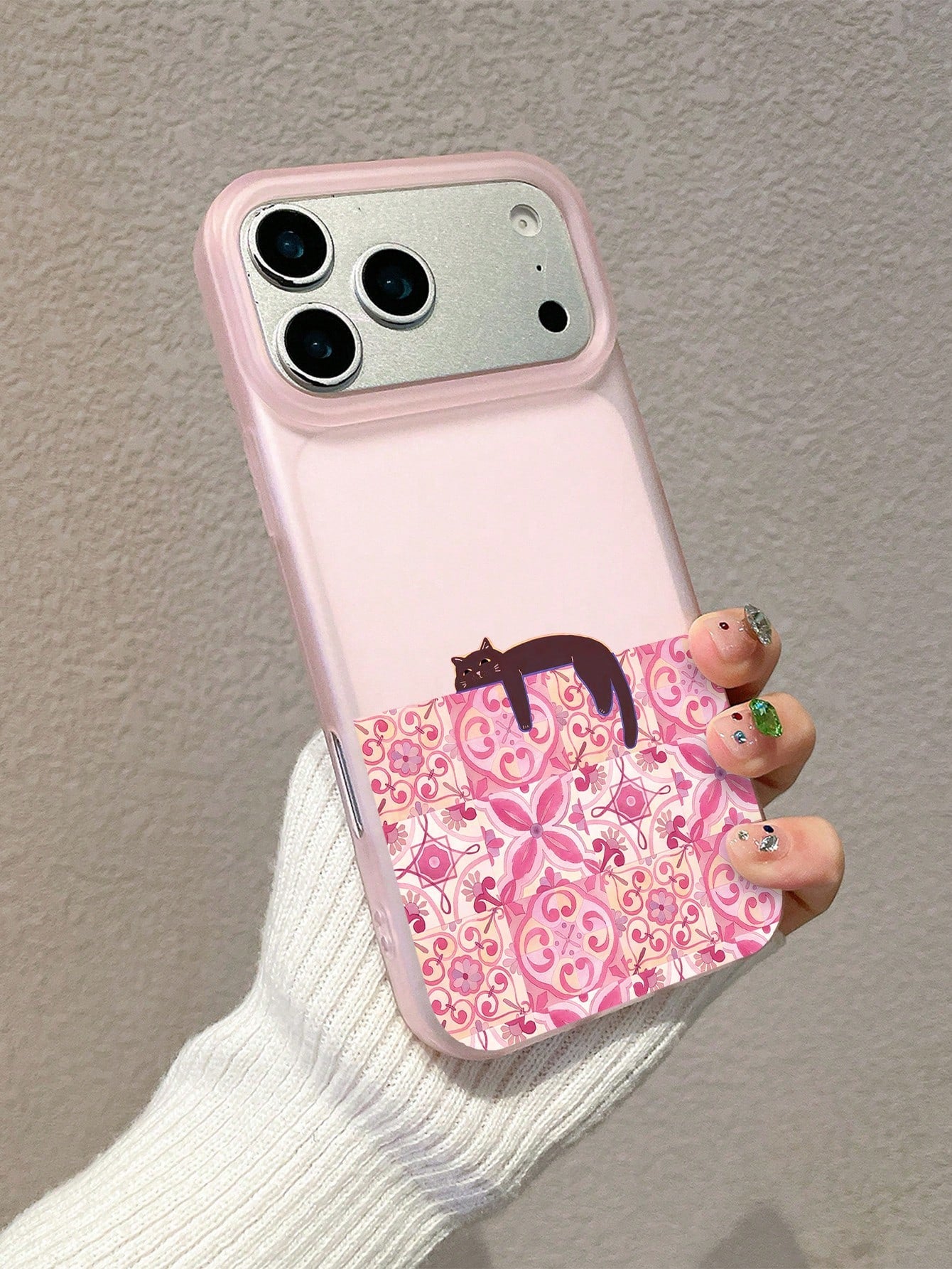 1pc Pink Semi-Transparent Matte Phone Case, Covers, Vintage Floral Tile Slouchy Black Cat Creative Illustration Phone Case, Ins Gentle Niche Style, Girls Birthday Holiday Gift, Cute Phone Case, Cat Ph