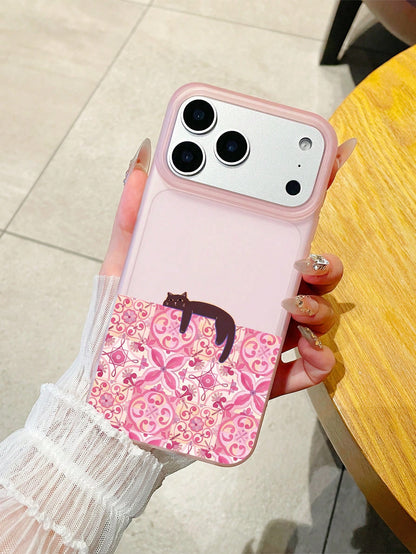 1pc Pink Semi-Transparent Matte Phone Case, Covers, Vintage Floral Tile Slouchy Black Cat Creative Illustration Phone Case, Ins Gentle Niche Style, Girls Birthday Holiday Gift, Cute Phone Case, Cat Ph