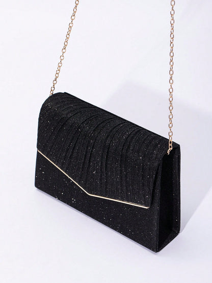 1pc Plain Color V-Edged Glitter Flap Crossbody Clutch Bag, Minimalist & Elegant For Women, Suitable For Evening, Party, Wedding