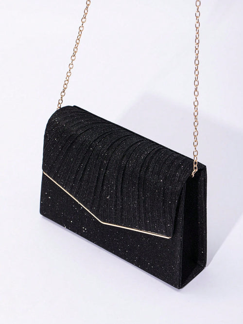 1pc Plain Color V-Edged Glitter Flap Crossbody Clutch Bag, Minimalist & Elegant For Women, Suitable For Evening, Party, Wedding