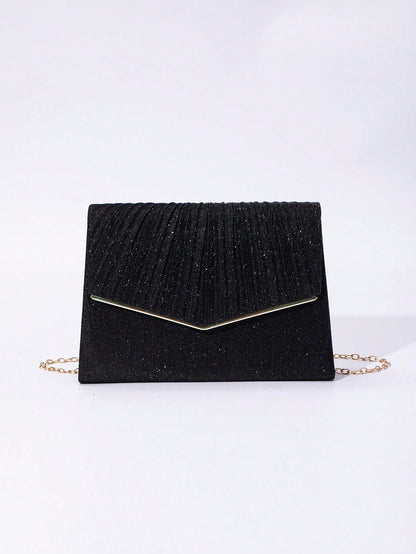 1pc Plain Color V-Edged Glitter Flap Crossbody Clutch Bag, Minimalist & Elegant For Women, Suitable For Evening, Party, Wedding