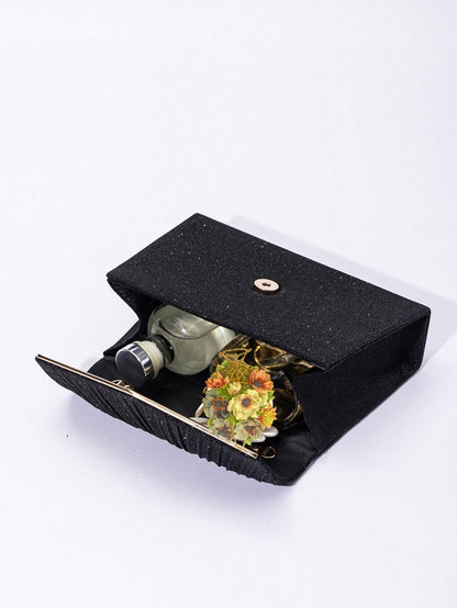 1pc Plain Color V-Edged Glitter Flap Crossbody Clutch Bag, Minimalist & Elegant For Women, Suitable For Evening, Party, Wedding