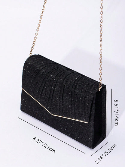 1pc Plain Color V-Edged Glitter Flap Crossbody Clutch Bag, Minimalist & Elegant For Women, Suitable For Evening, Party, Wedding