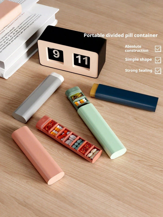1pc Portable Divided Pill Box- Multi-Compartment Travel Pill Organizer, Strong Sealing, Minimalist Design, Suitable For Daily/Vacation Medication Storage, Multiple Colors Available, Convenient For Ca