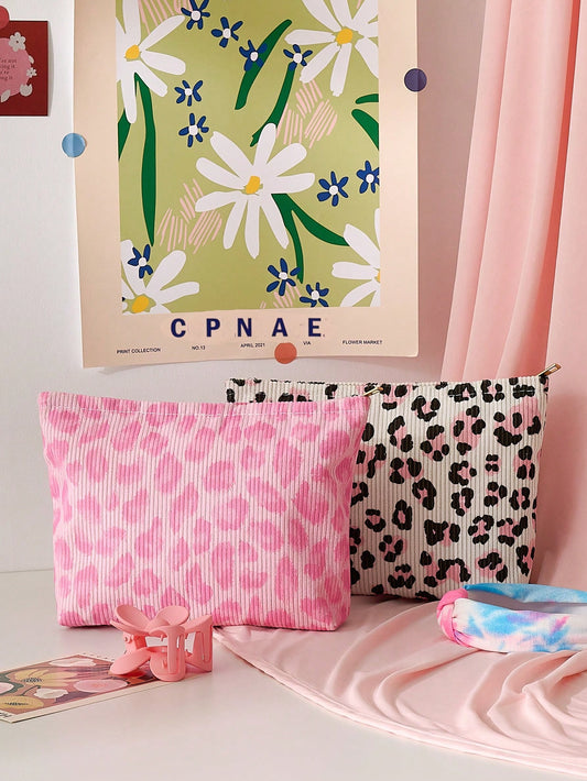 1pc Portable Leopard Print Cosmetic Bag, Double-Sided Pattern Zipper Makeup Pouch, Multifunctional Travel Toiletry Organizer