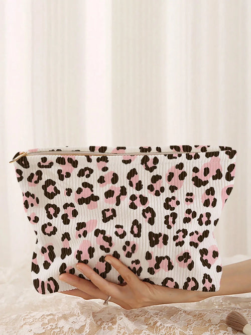 1pc Portable Leopard Print Cosmetic Bag, Double-Sided Pattern Zipper Makeup Pouch, Multifunctional Travel Toiletry Organizer,Fall Decor,Autumn Decor,Room Decor