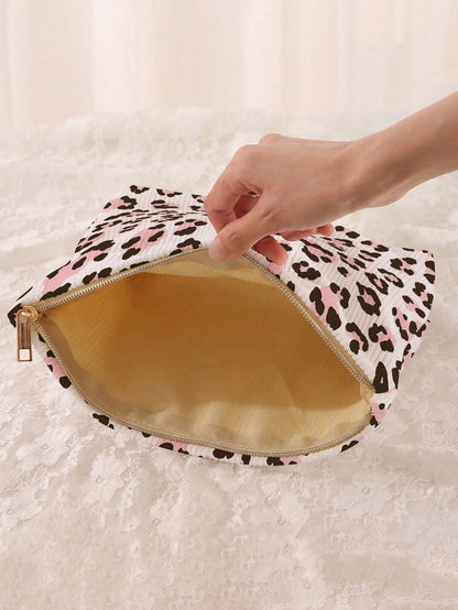 1pc Portable Leopard Print Cosmetic Bag, Double-Sided Pattern Zipper Makeup Pouch, Multifunctional Travel Toiletry Organizer,Fall Decor,Autumn Decor,Room Decor