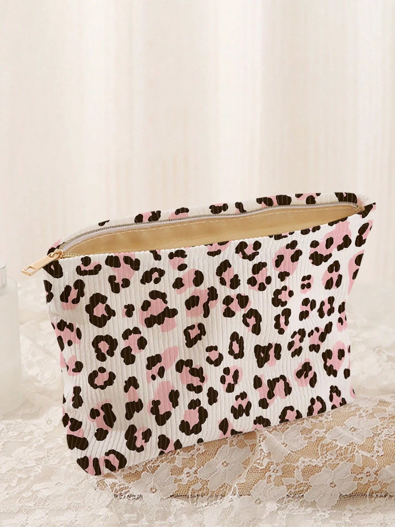 1pc Portable Leopard Print Cosmetic Bag, Double-Sided Pattern Zipper Makeup Pouch, Multifunctional Travel Toiletry Organizer,Fall Decor,Autumn Decor,Room Decor