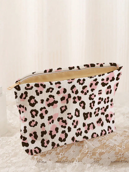 1pc Portable Leopard Print Cosmetic Bag, Double-Sided Pattern Zipper Makeup Pouch, Multifunctional Travel Toiletry Organizer,Fall Decor,Autumn Decor,Room Decor