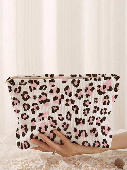 1pc Portable Leopard Print Cosmetic Bag, Double-Sided Pattern Zipper Makeup Pouch, Multifunctional Travel Toiletry Organizer,Fall Decor,Autumn Decor,Room Decor