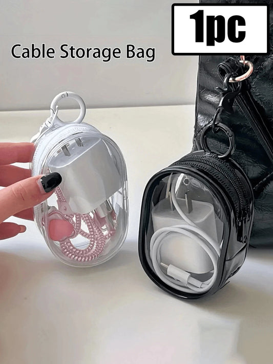 1pc Portable Mini Transparent Zipper Storage Bag, Bag Accessory, Compact Multifunctional Organizer Bag, Earphone And Charger Storage Box With Keychain, Transparent Travel Accessory, Black And White Co