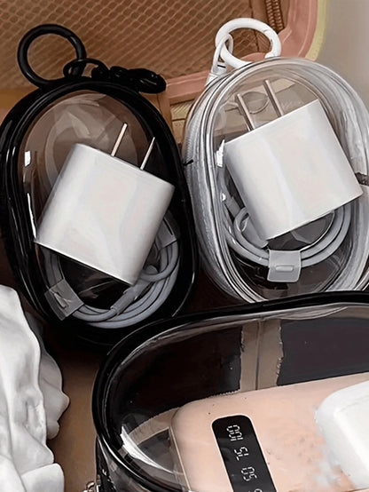 1pc Portable Mini Transparent Zipper Storage Bag, Bag Accessory, Compact Multifunctional Organizer Bag, Earphone And Charger Storage Box With Keychain, Transparent Travel Accessory, Black And White Co