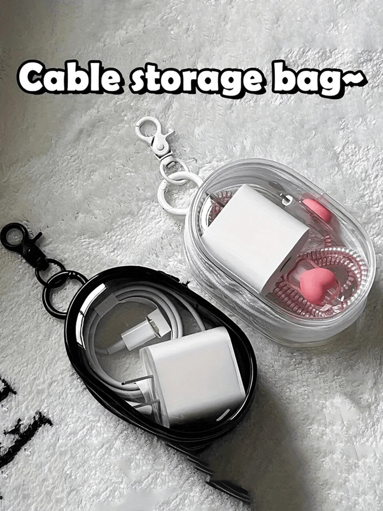 1pc Portable Mini Transparent Zipper Storage Bag, Bag Accessory, Compact Multifunctional Organizer Bag, Earphone And Charger Storage Box With Keychain, Transparent Travel Accessory, Black And White Co