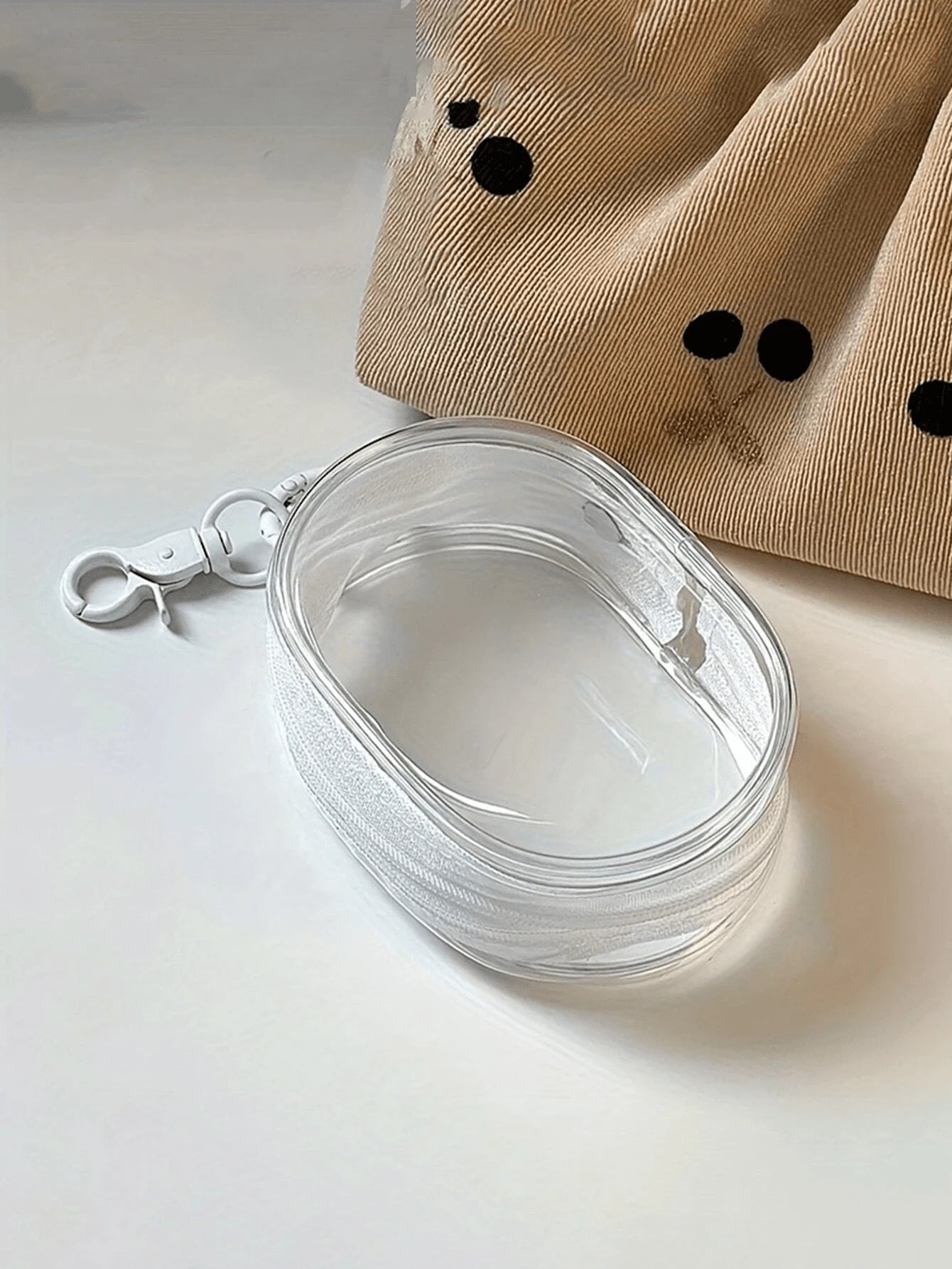 1pc Portable Mini Transparent Zipper Storage Bag, Bag Accessory, Compact Multifunctional Organizer Bag, Earphone And Charger Storage Box With Keychain, Transparent Travel Accessory, Black And White Co