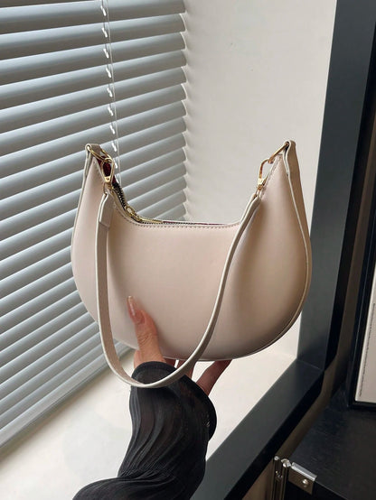 1pc PU Solid Color Zipper Crescent Underarm Bag, Fashionable Retro Shoulder Bag, Suitable For Office Ladies, Versatile Use, Cream Bag