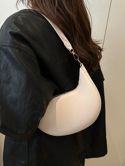 1pc PU Solid Color Zipper Crescent Underarm Bag, Fashionable Retro Shoulder Bag, Suitable For Office Ladies, Versatile Use, Cream Bag