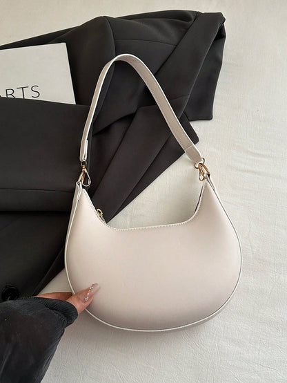 1pc PU Solid Color Zipper Crescent Underarm Bag, Fashionable Retro Shoulder Bag, Suitable For Office Ladies, Versatile Use, Cream Bag