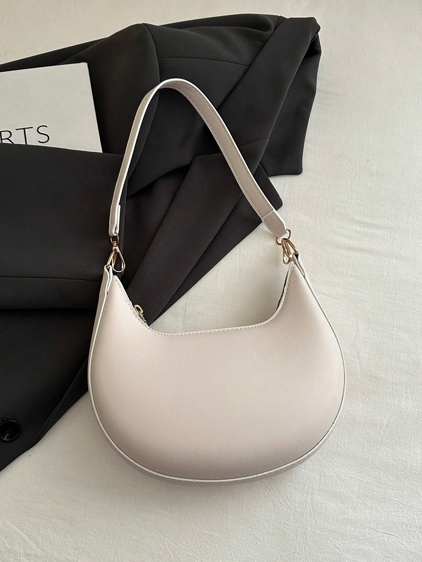 1pc PU Solid Color Zipper Crescent Underarm Bag, Fashionable Retro Shoulder Bag, Suitable For Office Ladies, Versatile Use, Cream Bag