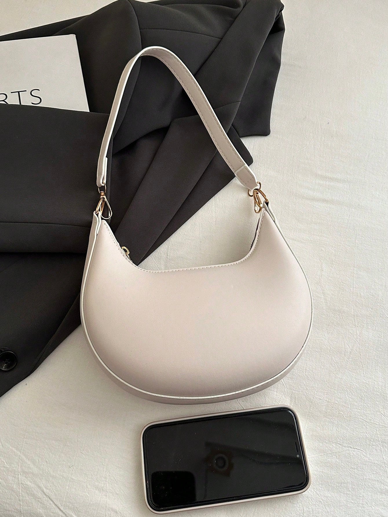 1pc PU Solid Color Zipper Crescent Underarm Bag, Fashionable Retro Shoulder Bag, Suitable For Office Ladies, Versatile Use, Cream Bag