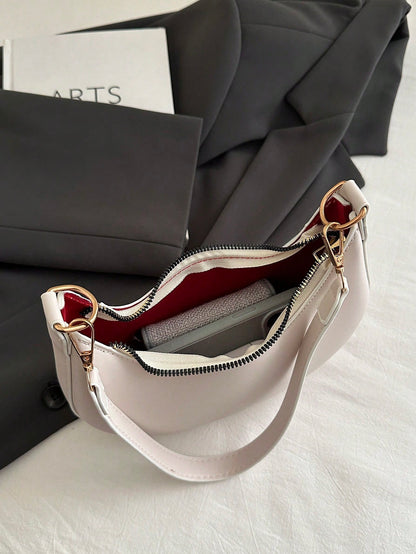1pc PU Solid Color Zipper Crescent Underarm Bag, Fashionable Retro Shoulder Bag, Suitable For Office Ladies, Versatile Use, Cream Bag