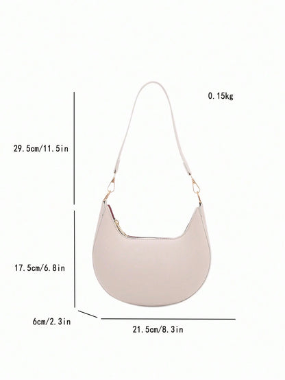1pc PU Solid Color Zipper Crescent Underarm Bag, Fashionable Retro Shoulder Bag, Suitable For Office Ladies, Versatile Use, Cream Bag