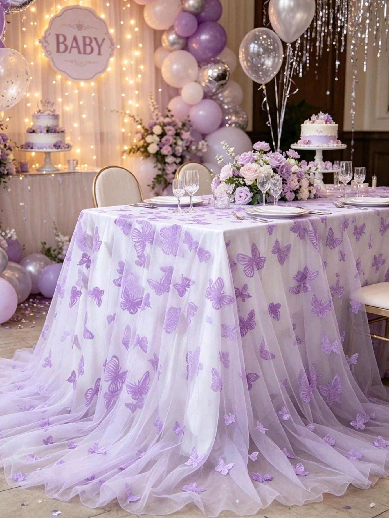 1pc Purple Butterfly Baby Shower Table Cloth, Dreamy Butterfly Mesh Table Runner, Suitable For 1st Birthday Gender Reveal Party, Family Event Decoration, Baby Shower Decor, Girl Baby Shower Decor, Gen