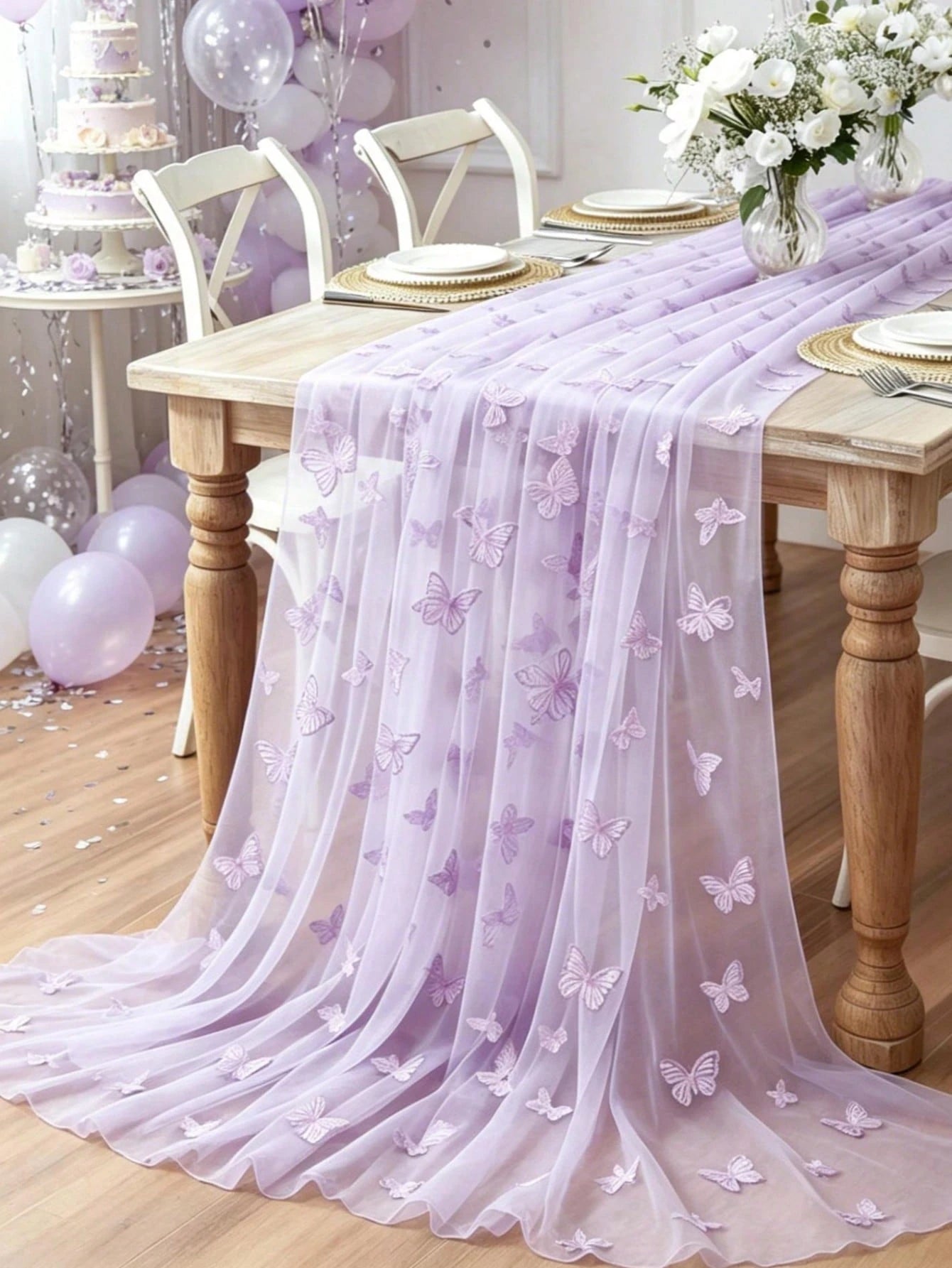 1pc Purple Butterfly Baby Shower Table Cloth, Dreamy Butterfly Mesh Table Runner, Suitable For 1st Birthday Gender Reveal Party, Family Event Decoration, Baby Shower Decor, Girl Baby Shower Decor, Gen