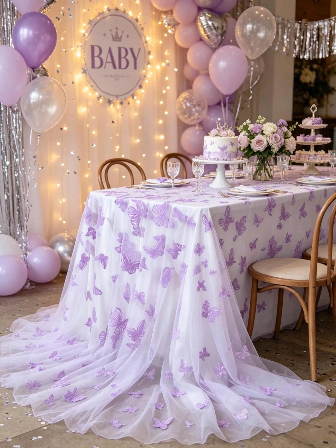 1pc Purple Butterfly Baby Shower Table Cloth, Dreamy Butterfly Mesh Table Runner, Suitable For 1st Birthday Gender Reveal Party, Family Event Decoration, Baby Shower Decor, Girl Baby Shower Decor, Gen