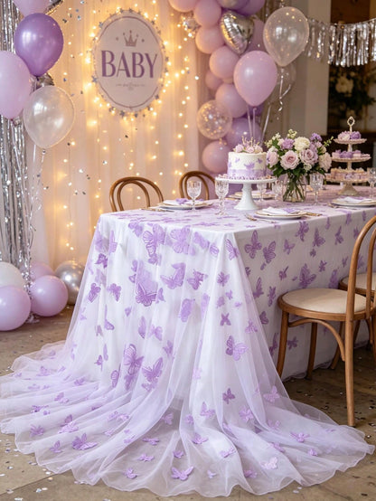 1pc Purple Butterfly Baby Shower Table Cloth, Dreamy Butterfly Mesh Table Runner, Suitable For 1st Birthday Gender Reveal Party, Family Event Decoration, Baby Shower Decor, Girl Baby Shower Decor, Gen