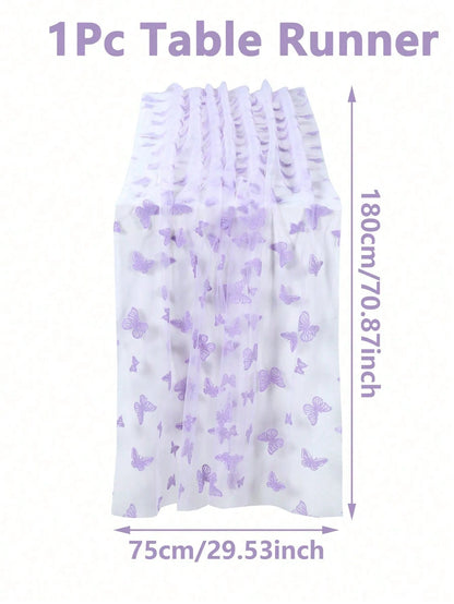 1pc Purple Butterfly Baby Shower Table Cloth, Dreamy Butterfly Mesh Table Runner, Suitable For 1st Birthday Gender Reveal Party, Family Event Decoration, Baby Shower Decor, Girl Baby Shower Decor, Gen