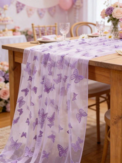 1pc Purple Butterfly Baby Shower Table Cloth, Dreamy Butterfly Mesh Table Runner, Suitable For 1st Birthday Gender Reveal Party, Family Event Decoration, Baby Shower Decor, Girl Baby Shower Decor, Gen