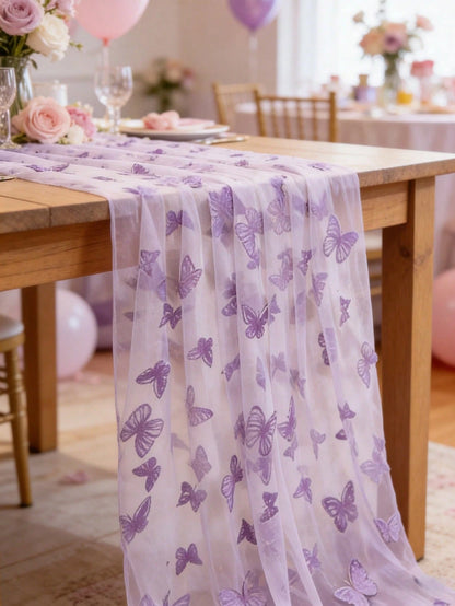 1pc Purple Butterfly Baby Shower Table Cloth, Dreamy Butterfly Mesh Table Runner, Suitable For 1st Birthday Gender Reveal Party, Family Event Decoration, Baby Shower Decor, Girl Baby Shower Decor, Gen