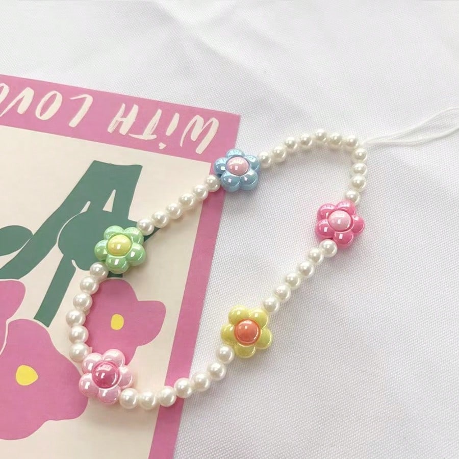 1pc Refreshing & Sweet Pearl Colorful Flower DIY Phone Lanyard, Short Wrist Strap Anti-Lost Phone Charm, Camera Hanging Accessory