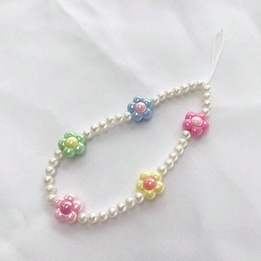 1pc Refreshing & Sweet Pearl Colorful Flower DIY Phone Lanyard, Short Wrist Strap Anti-Lost Phone Charm, Camera Hanging Accessory