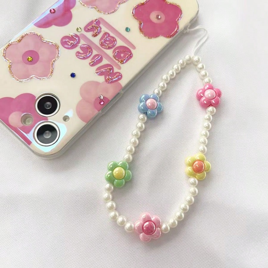 1pc Refreshing & Sweet Pearl Colorful Flower DIY Phone Lanyard, Short Wrist Strap Anti-Lost Phone Charm, Camera Hanging Accessory