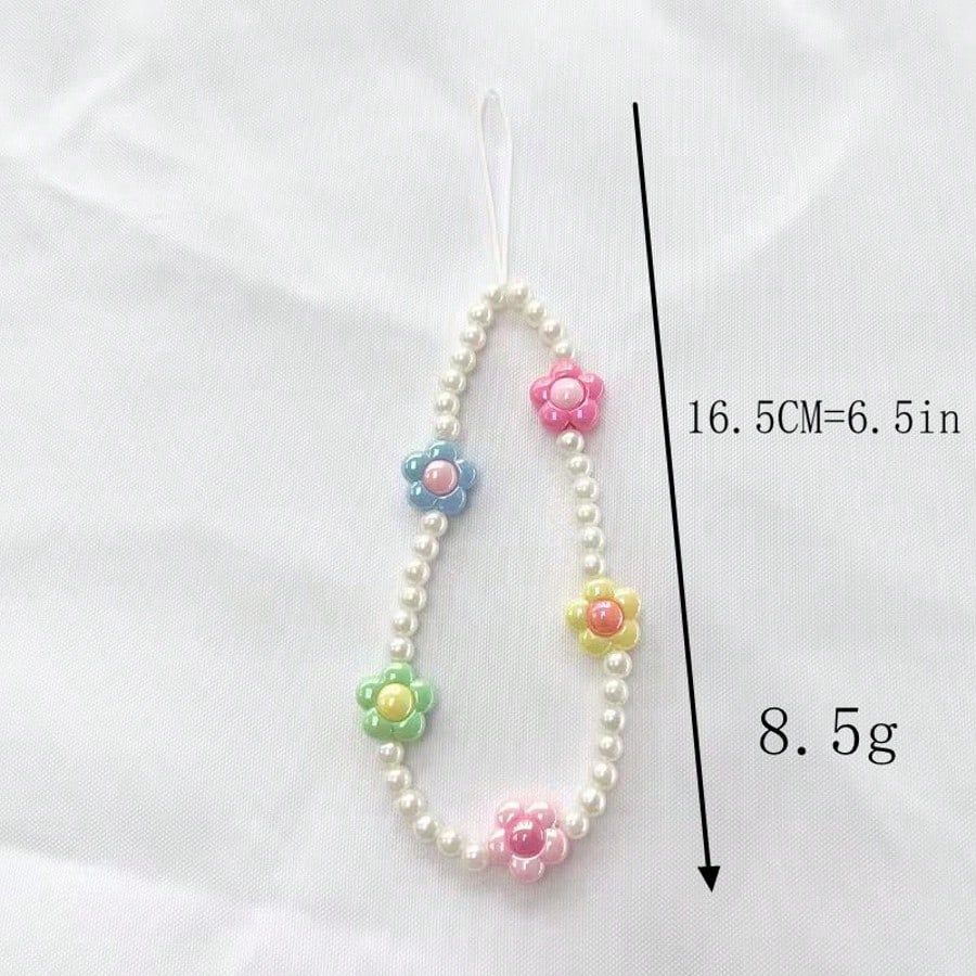 1pc Refreshing & Sweet Pearl Colorful Flower DIY Phone Lanyard, Short Wrist Strap Anti-Lost Phone Charm, Camera Hanging Accessory