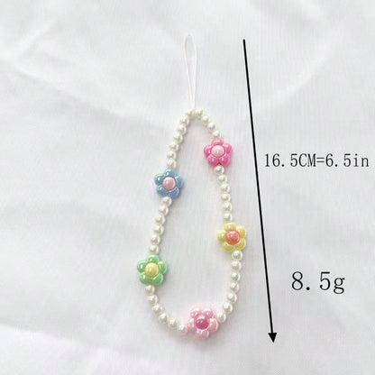 1pc Refreshing & Sweet Pearl Colorful Flower DIY Phone Lanyard, Short Wrist Strap Anti-Lost Phone Charm, Camera Hanging Accessory