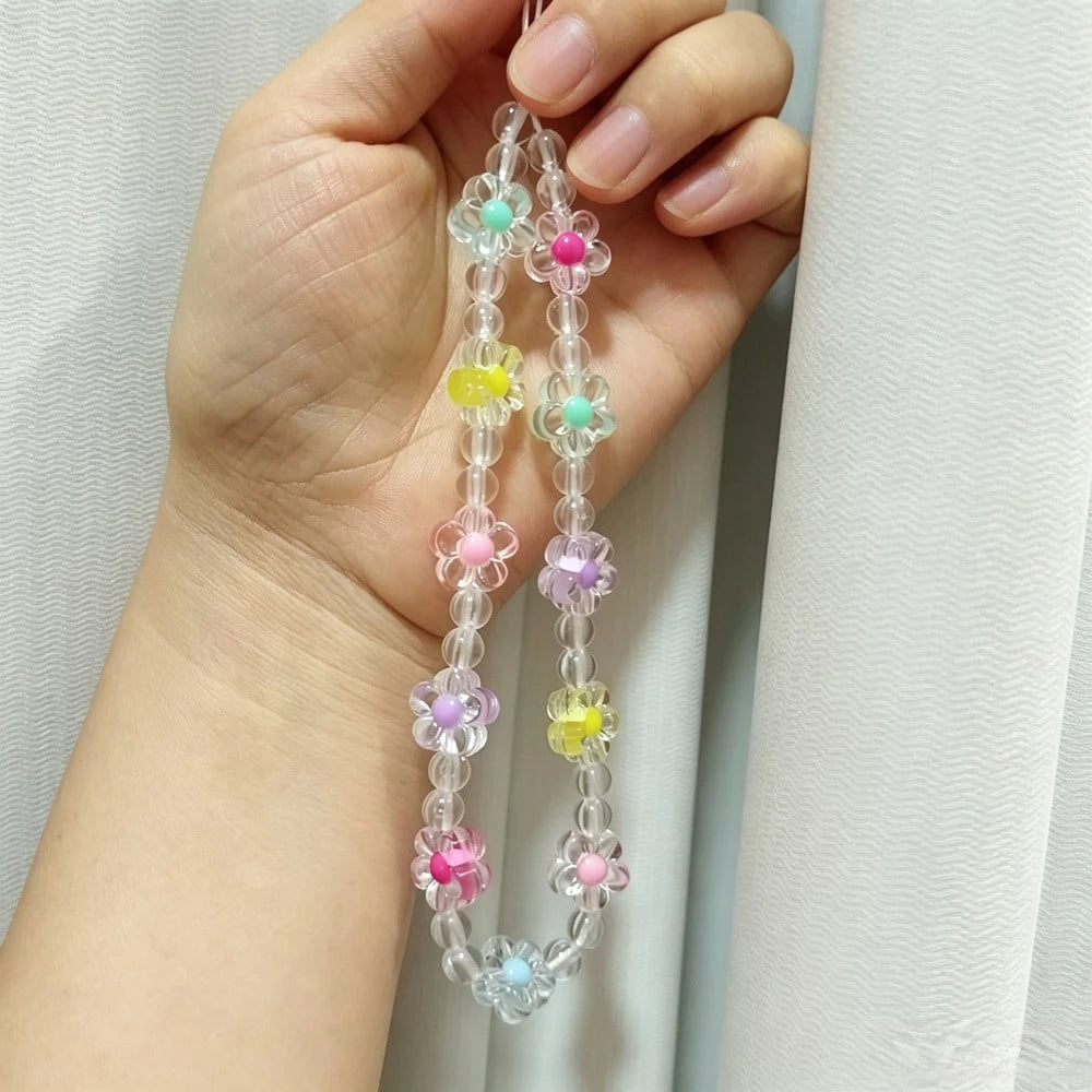 1pc Refreshing & Sweet Pearl Colorful Flower DIY Phone Lanyard, Short Wrist Strap Anti-Lost Phone Charm, Camera Hanging Accessory