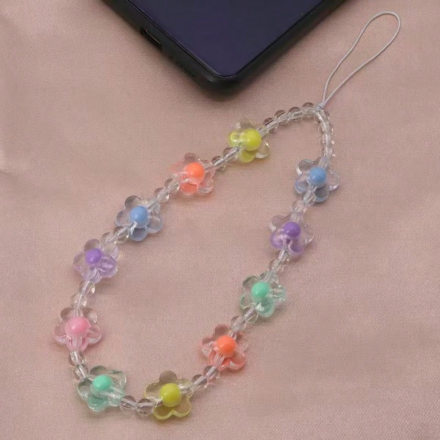 1pc Refreshing & Sweet Pearl Colorful Flower DIY Phone Lanyard, Short Wrist Strap Anti-Lost Phone Charm, Camera Hanging Accessory