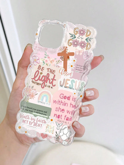 1pc Retro Newspaper Collage Religious Jesus, God, Floral, Smile Pattern Wavy Frame Silicone Anti-Drop Clear Phone Case Compatible With IPhone 11/12/13/14/15 Pro Max