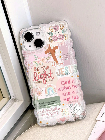 1pc Retro Newspaper Collage Religious Jesus, God, Floral, Smile Pattern Wavy Frame Silicone Anti-Drop Clear Phone Case Compatible With IPhone 11/12/13/14/15 Pro Max