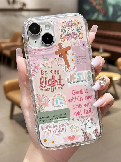 1pc Retro Newspaper Collage Religious Jesus, God, Floral, Smile Pattern Wavy Frame Silicone Anti-Drop Clear Phone Case Compatible With IPhone 11/12/13/14/15 Pro Max
