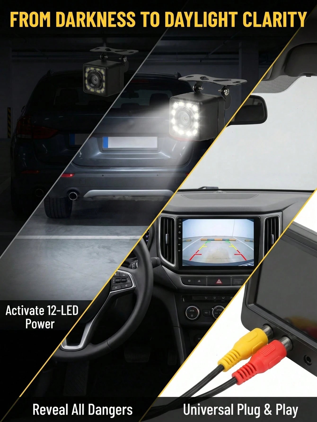1pc Reversible Image Night Vision 12LED Automatic Camera High Definition CCD Automatic Front View Camera Wide Angle Car Rear View Backup Camera RV Reverse Parking Assist