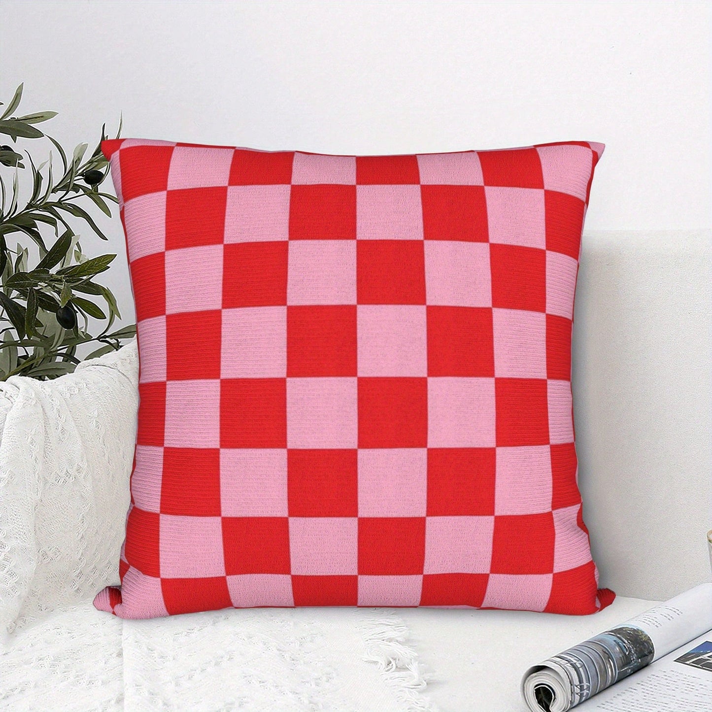 1pc Reversible Plaid Pink And Red Cushion Cover, Sofa Pillowcase With Hidden Zipper, Machine Washable, Perfect For Living Room, Bedroom Or Car Decor, Plaid Pattern, Durable Pillowcase, Pillow Insert N