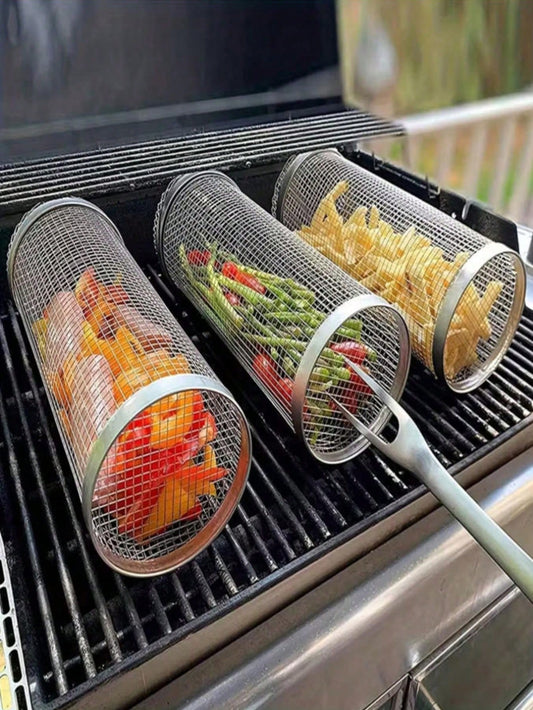 1pc Rolling BBQ Basket, Round Grill Mesh, Suitable For Vegetables, Fries, Fish, Portable BBQ Cooking Basket, Outdoor Grill Basket, Gift For Men, Father, Husband