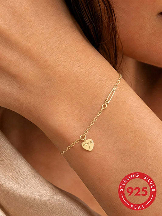 1pc S925 Sterling Silver Cute Sweet Personalized Korean Style Heart Pendant Bracelet For Women, Romantic Minimalist Luxury Gentle Elegant Elegant Fashion Niche Versatile High-End Heart-Shaped Hand Jew