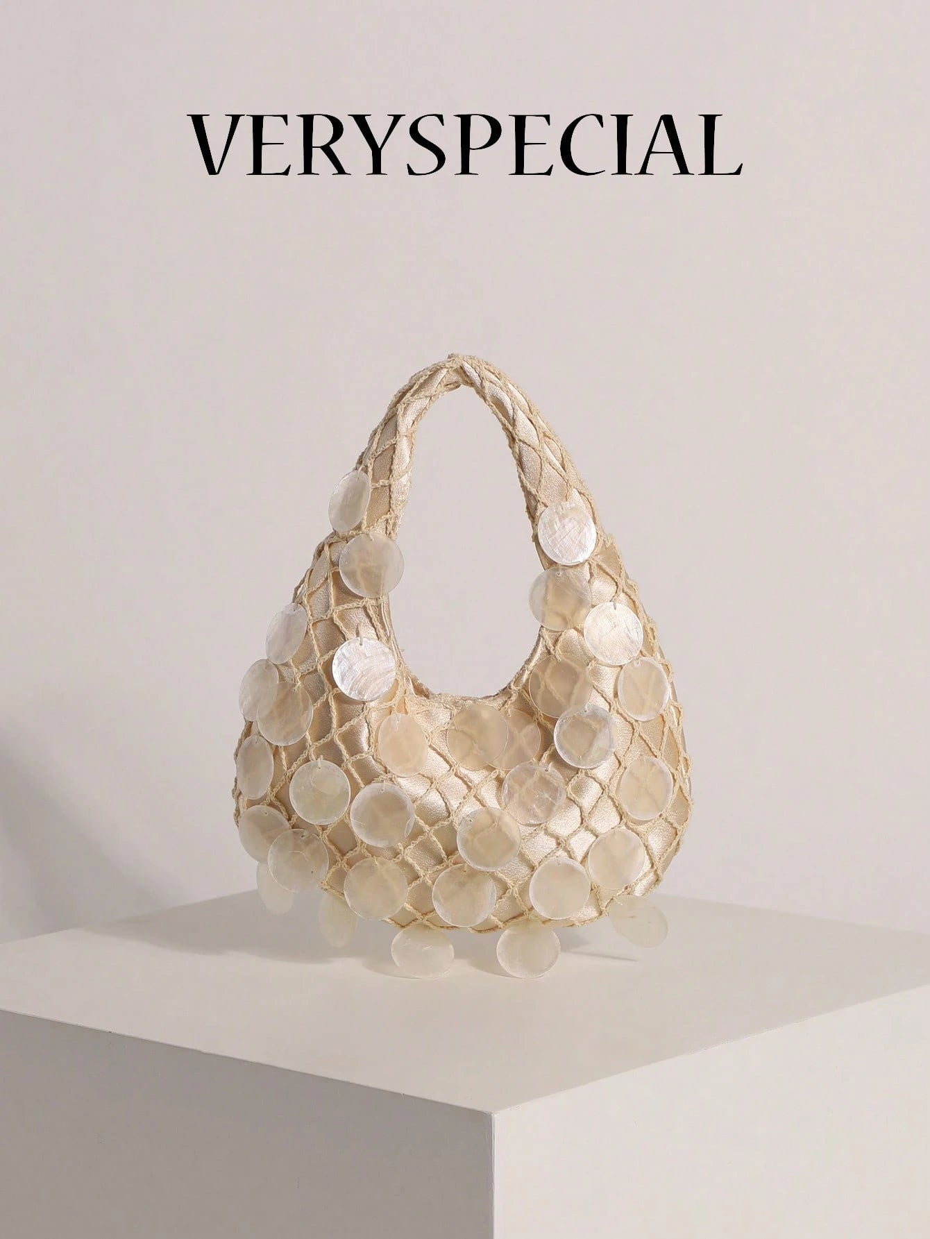 1pc Shell Slice & Sequin Decor Tassel Handbag Bobo Crescent Bag Women's Hand-Carried Bag Handmade Mermaid Sequin Fishnet Woven Bag Handbag Summer Beach Travel Vacation And Pool Evening Party Multi-Sce