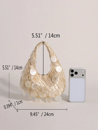 1pc Shell Slice & Sequin Decor Tassel Handbag Bobo Crescent Bag Women's Hand-Carried Bag Handmade Mermaid Sequin Fishnet Woven Bag Handbag Summer Beach Travel Vacation And Pool Evening Party Multi-Sce