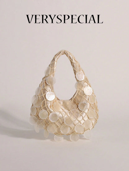 1pc Shell Slice & Sequin Decor Tassel Handbag Bobo Crescent Bag Women's Hand-Carried Bag Handmade Mermaid Sequin Fishnet Woven Bag Handbag Summer Beach Travel Vacation And Pool Evening Party Multi-Sce