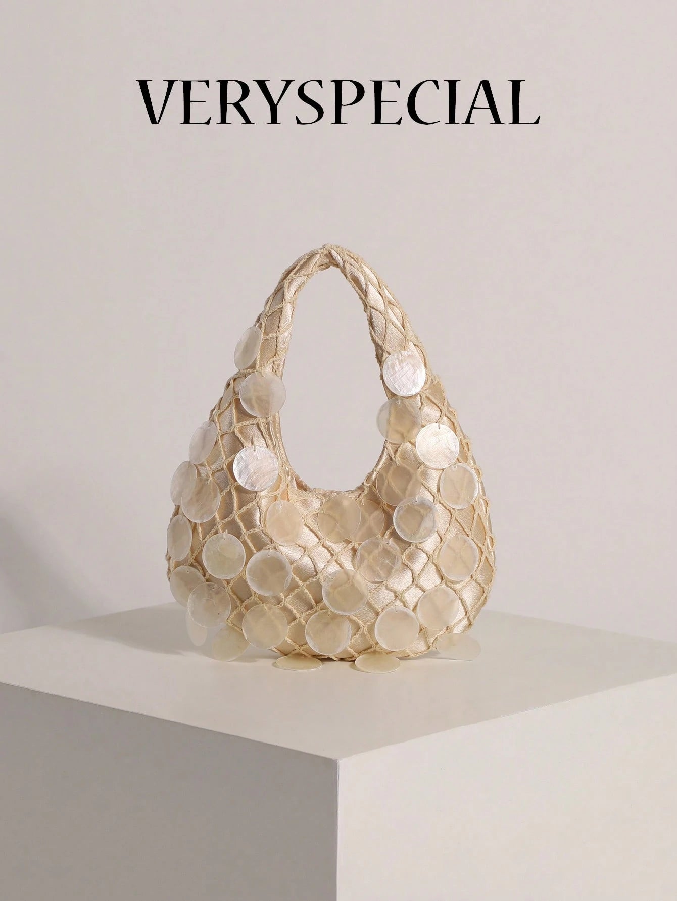 1pc Shell Slice & Sequin Decor Tassel Handbag Bobo Crescent Bag Women's Hand-Carried Bag Handmade Mermaid Sequin Fishnet Woven Bag Handbag Summer Beach Travel Vacation And Pool Evening Party Multi-Sce